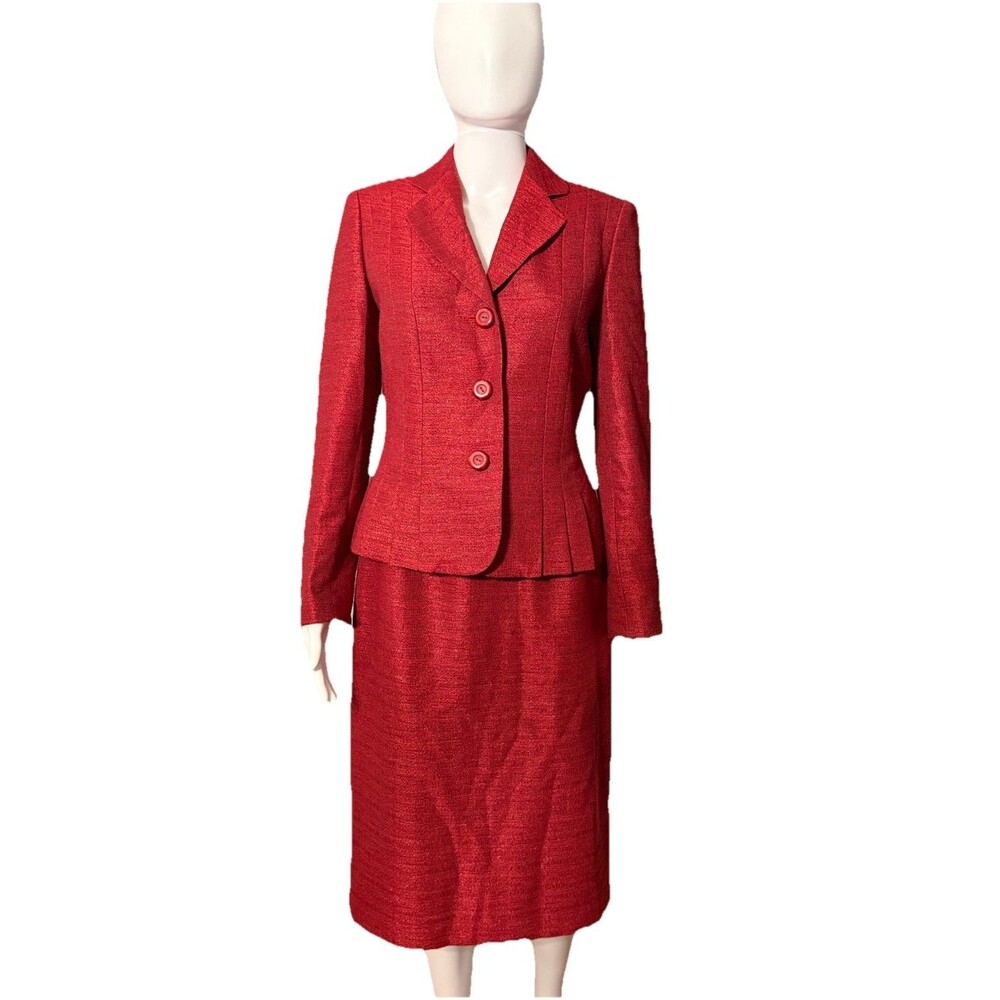 Le Suit Red Metallic Skirt Suit Blazer & Pencil Skirt Lined Classic Holiday SZ 6